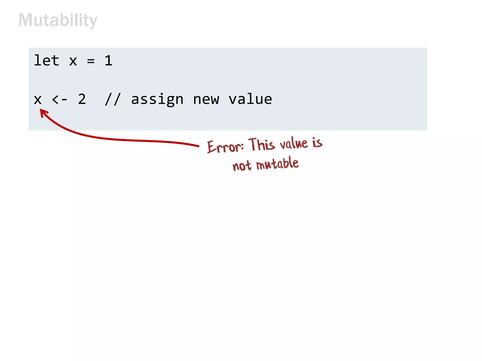 Mutability
let x = 1
x <- 2 // assign new value
 