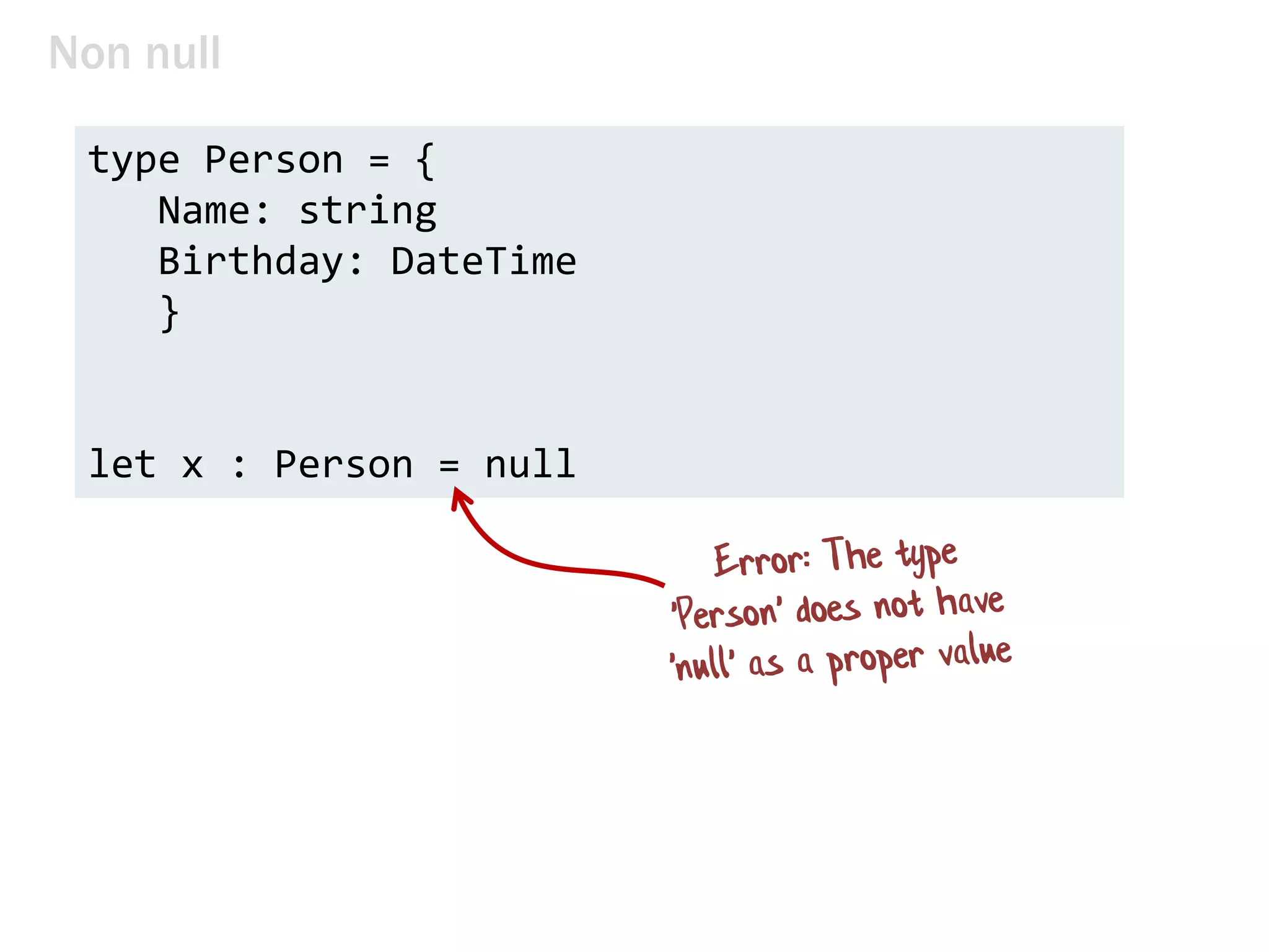 Non null
type Person = {
Name: string
Birthday: DateTime
}
let x : Person = null
 