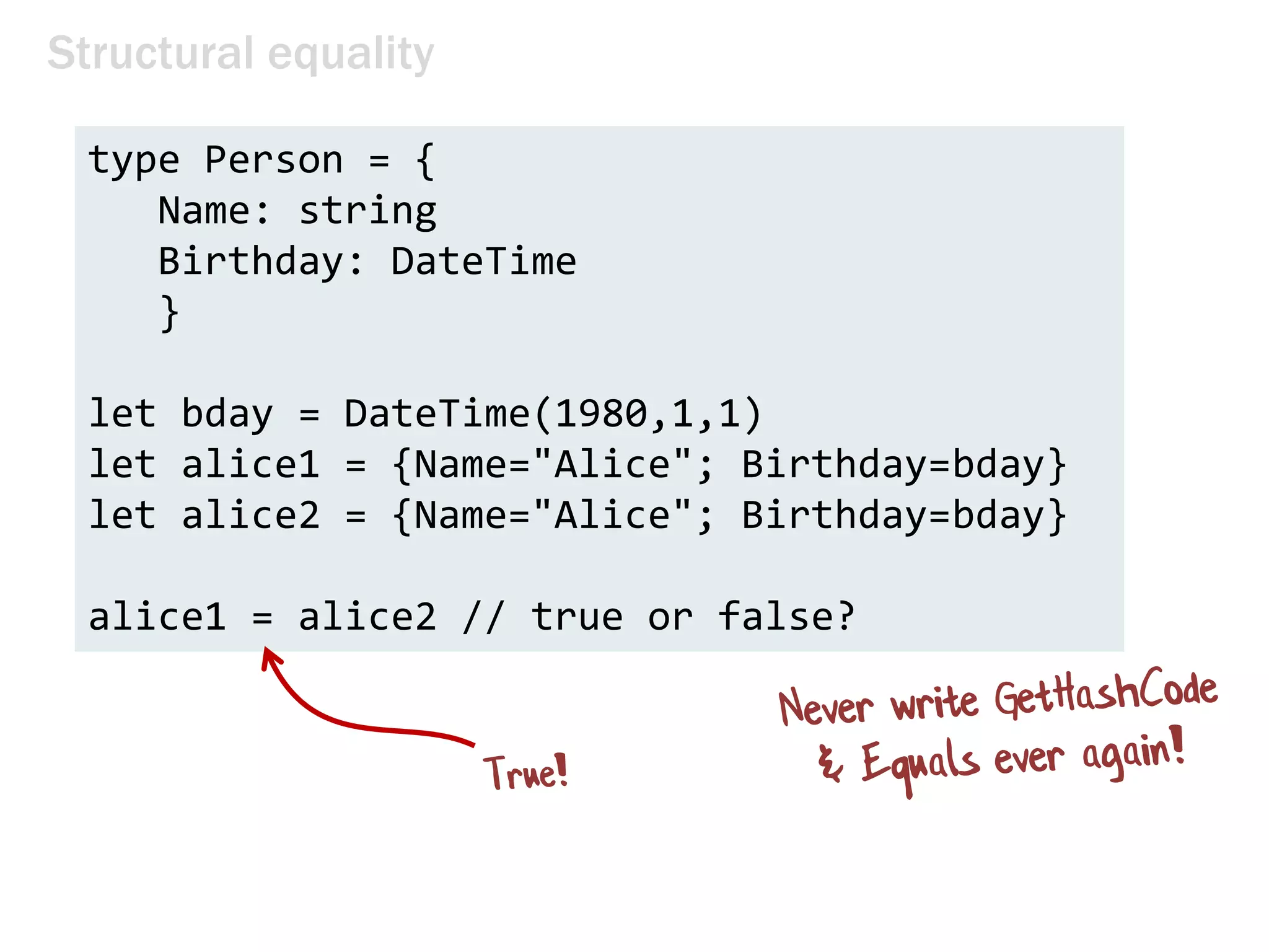 Structural equality
type Person = {
Name: string
Birthday: DateTime
}
let bday = DateTime(1980,1,1)
let alice1 = {Name="Alice"; Birthday=bday}
let alice2 = {Name="Alice"; Birthday=bday}
alice1 = alice2 // true or false?
 