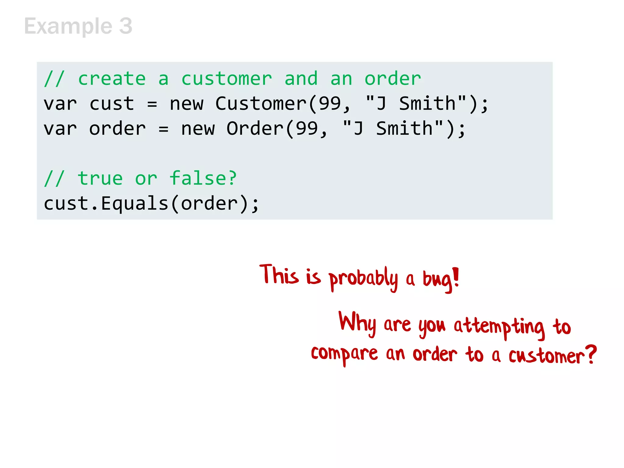 Example 3
// create a customer and an order
var cust = new Customer(99, "J Smith");
var order = new Order(99, "J Smith");
// true or false?
cust.Equals(order);
 