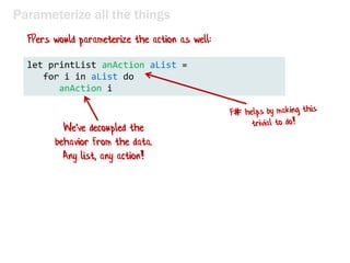 Parameterize all the things
let printList aList =
for i in aList do
printfn "the number is %i" i
 