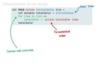 Parameterize all the things
let fold action initialValue list =
let mutable totalSoFar = initialValue
for item in list do
totalSoFar <- action totalSoFar item
totalSoFar
 
