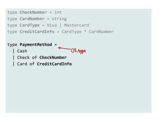 type CheckNumber = int
type CardNumber = string
type CardType = Visa | Mastercard
type CreditCardInfo = CardType * CardNumber
 