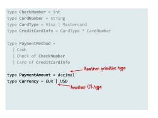 type CheckNumber = int
type CardNumber = string
type CardType = Visa | Mastercard
type CreditCardInfo = CardType * CardNumber
type PaymentMethod =
| Cash
| Check of CheckNumber
| Card of CreditCardInfo
 