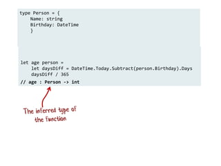 // age : Person -> int
type Person = {
Name: string
Birthday: DateTime
}
let age person =
let daysDiff = DateTime.Today.Subtract(person.Birthday).Days
daysDiff / 365
 