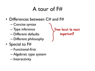 A tour of F#
• Differences between C# and F#
– Concise syntax
– Type inference
– Different defaults
– Different philosophy
• Special to F#
– Functional-first
– Algebraic type system
– Interactivity
From least to most
important!
 