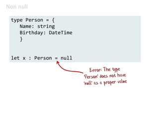 Non null
type Person = {
Name: string
Birthday: DateTime
}
let x : Person = null
 