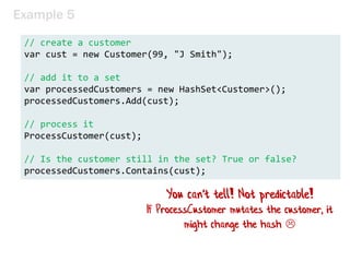 Example 5
// create a customer
var cust = new Customer(99, "J Smith");
// add it to a set
var processedCustomers = new HashSet<Customer>();
processedCustomers.Add(cust);
// process it
ProcessCustomer(cust);
// Is the customer still in the set? True or false?
processedCustomers.Contains(cust);
You can't tell! Not predictable!
If ProcessCustomer mutates the customer, it
might change the hash 
 