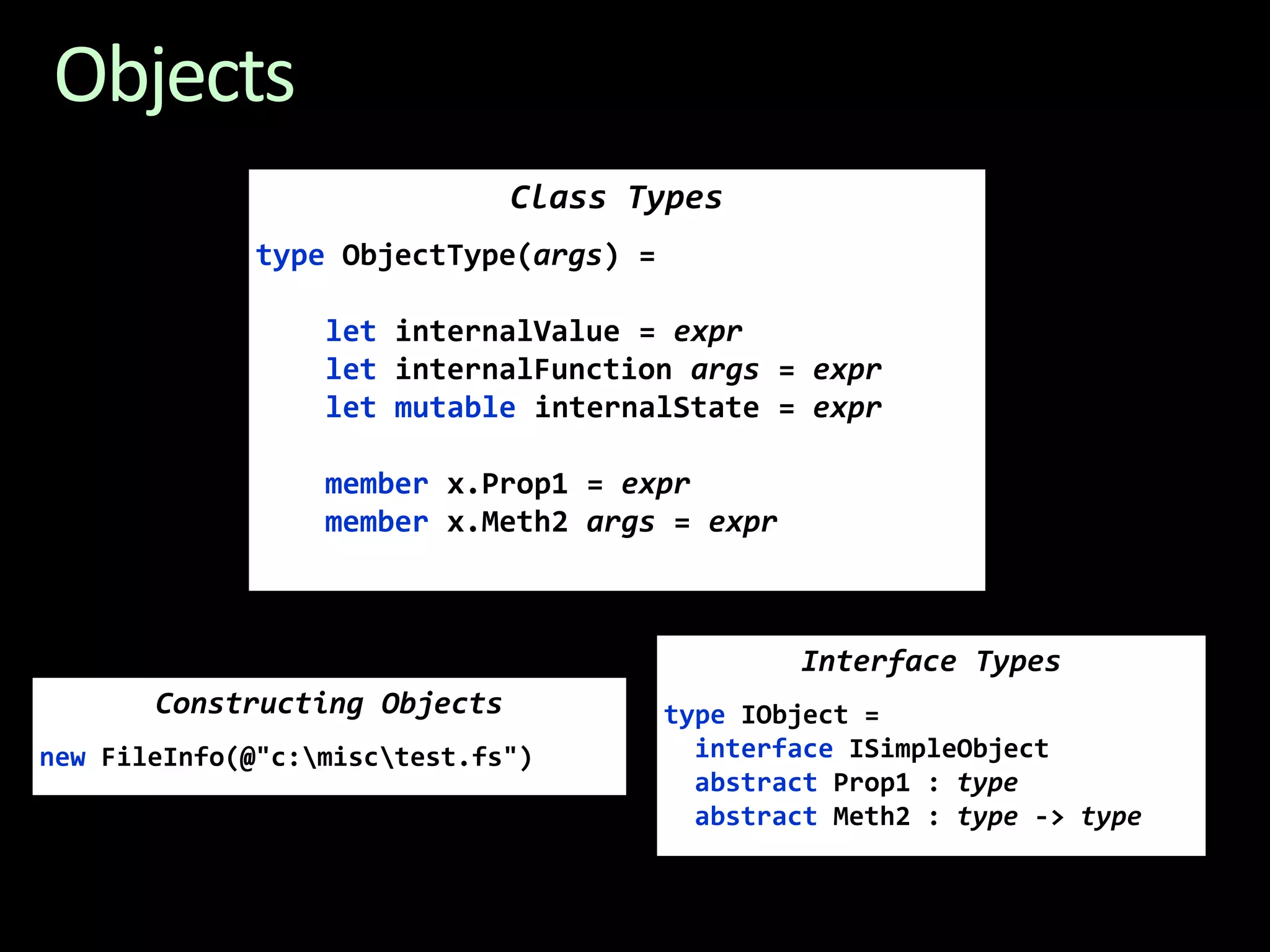 ObjectsClass TypestypeObjectType(args) =letinternalValue = exprletinternalFunctionargs= exprletmutableinternalState = exprmemberx.Prop1 = exprmemberx.Meth2 args = exprInterface TypestypeIObject = interfaceISimpleObjectabstractProp1 : typeabstractMeth2 : type -> typeConstructing ObjectsnewFileInfo(@"c:\misc\test.fs")