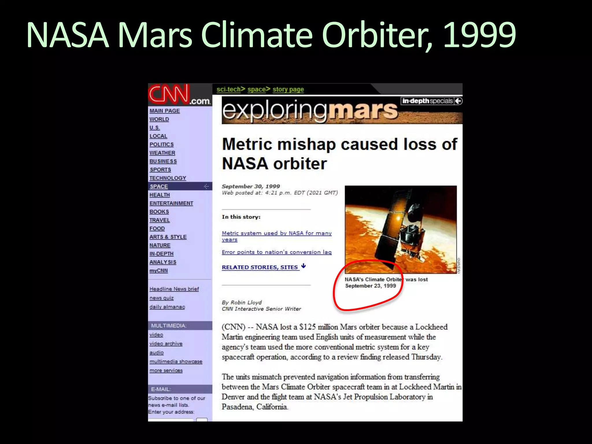 NASA Mars Climate Orbiter, 1999
