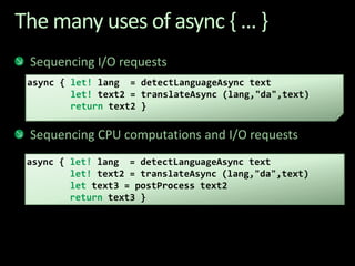 The many uses of async { ... }Sequencing I/O requestsSequencing CPU computations and I/O requestsasync { let! lang  = detectLanguageAsync textlet! text2 = translateAsync (lang,"da",text)return text2 }async { let! lang  = detectLanguageAsync textlet! text2 = translateAsync (lang,"da",text)let text3 = postProcess text2return text3 }