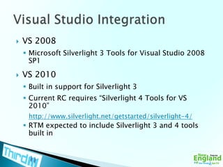 WPF/E (original name)VS 2008Microsoft Silverlight 3 Tools for Visual Studio 2008 SP1VS 2010Built in support for Silverlight 3Current RC requires “Silverlight 4 Tools for VS 2010”http://www.silverlight.net/getstarted/silverlight-4/RTM expected to include Silverlight 3 and 4 tools built inVisual Studio Integration