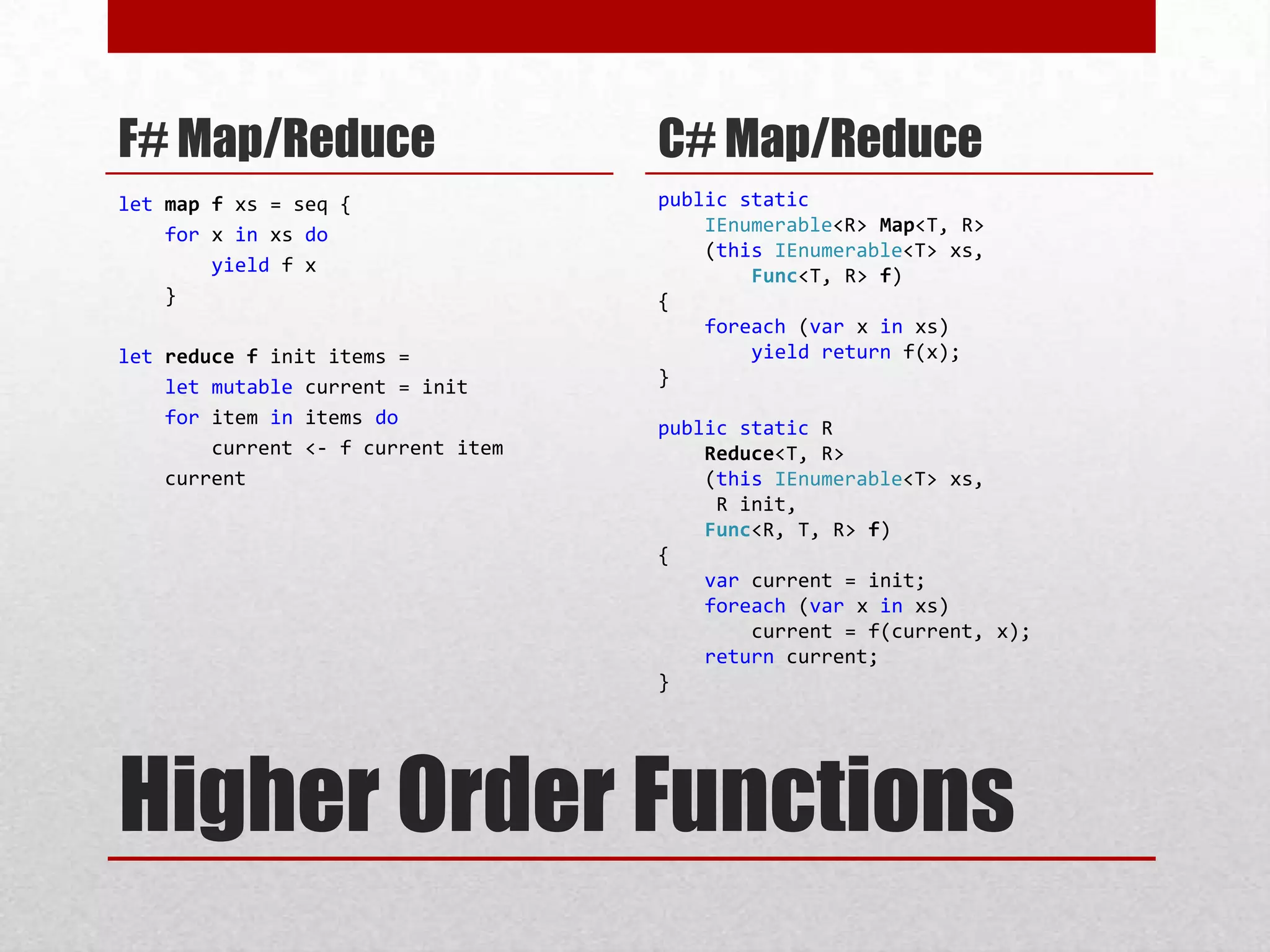 Higher Order FunctionsF# Map/Reduceletmapf xs = seq { for x inxsdoyield f x     }letreducefinititems =letmutablecurrent = initfor item in items docurrent <- f current itemcurrentC# Map/ReducepublicstaticIEnumerable<R> Map<T, R>    (thisIEnumerable<T> xs,Func<T, R> f){foreach (var x in xs)yieldreturn f(x);}publicstatic RReduce<T, R>    (thisIEnumerable<T> xs,     R init,Func<R, T, R> f){varcurrent = init;foreach (var x in xs)current = f(current, x);return current;}