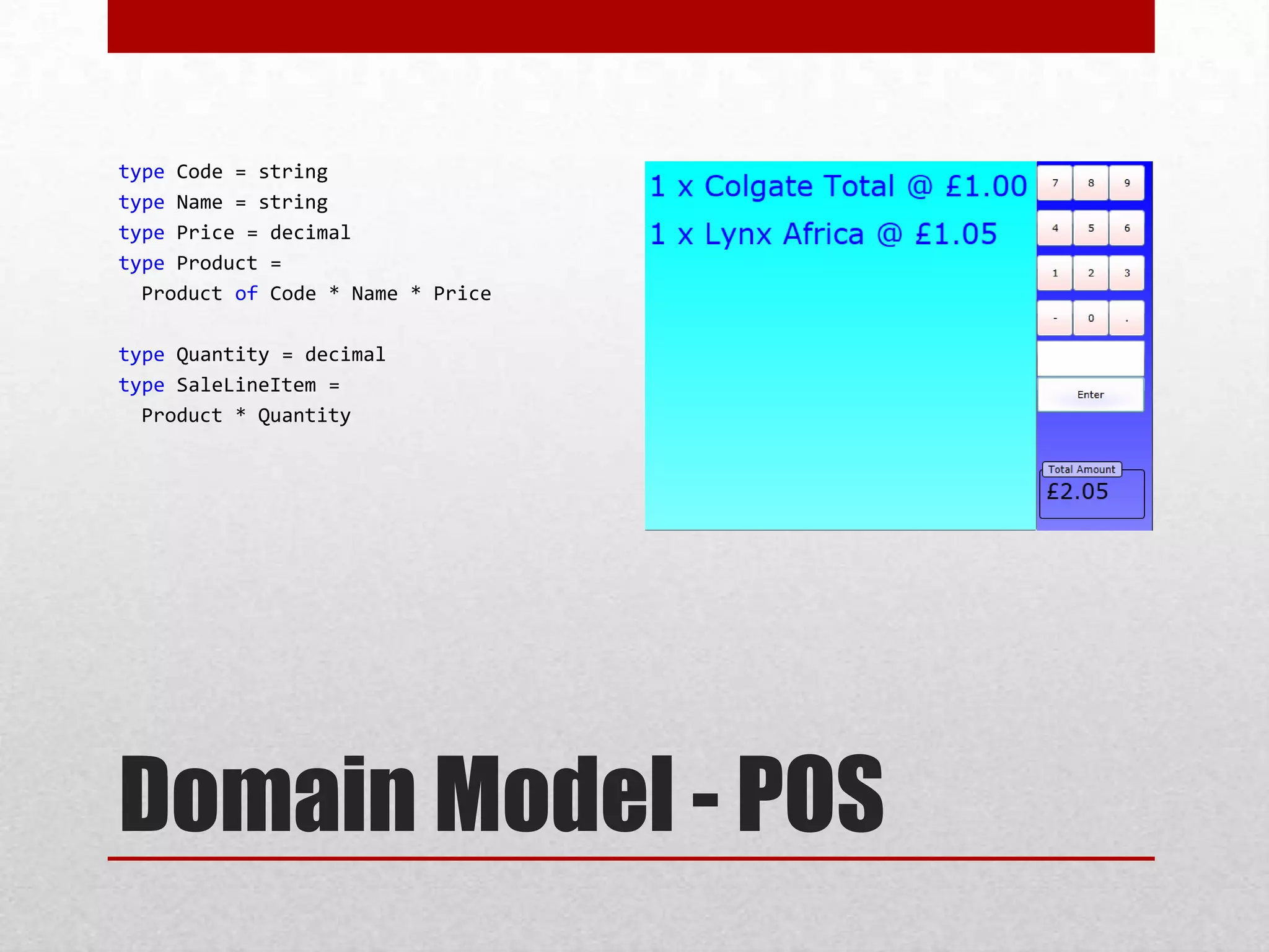 Domain Model - POStypeCode = stringtype Name = stringtype Price = decimaltype Product =  Product of Code * Name * Pricetype Quantity = decimaltypeSaleLineItem =  Product * Quantity