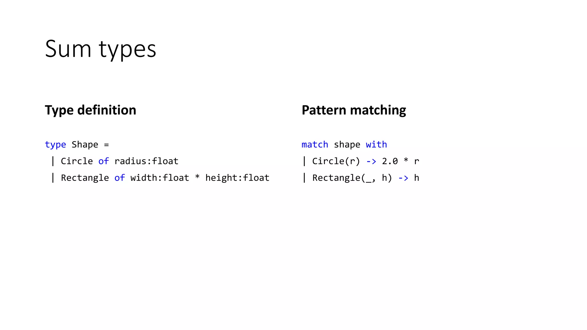 Sum types
Type definition
type Shape =
| Circle of radius:float
| Rectangle of width:float * height:float
Pattern matching
match shape with
| Circle(r) -> 2.0 * r
| Rectangle(_, h) -> h
 