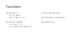 Functions
let rec fact x =
if x < 1 then 1
else x * fact (x - 1)
let rec fib = function
| 0 -> 0 | 1 -> 1
| n -> fib(n - 1...