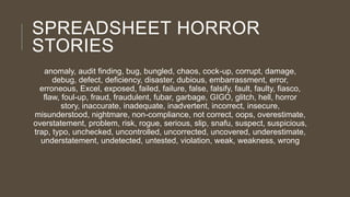SPREADSHEET HORROR
STORIES
anomaly, audit finding, bug, bungled, chaos, cock-up, corrupt, damage,
debug, defect, deficiency, disaster, dubious, embarrassment, error,
erroneous, Excel, exposed, failed, failure, false, falsify, fault, faulty, fiasco,
flaw, foul-up, fraud, fraudulent, fubar, garbage, GIGO, glitch, hell, horror
story, inaccurate, inadequate, inadvertent, incorrect, insecure,
misunderstood, nightmare, non-compliance, not correct, oops, overestimate,
overstatement, problem, risk, rogue, serious, slip, snafu, suspect, suspicious,
trap, typo, unchecked, uncontrolled, uncorrected, uncovered, underestimate,
understatement, undetected, untested, violation, weak, weakness, wrong

 