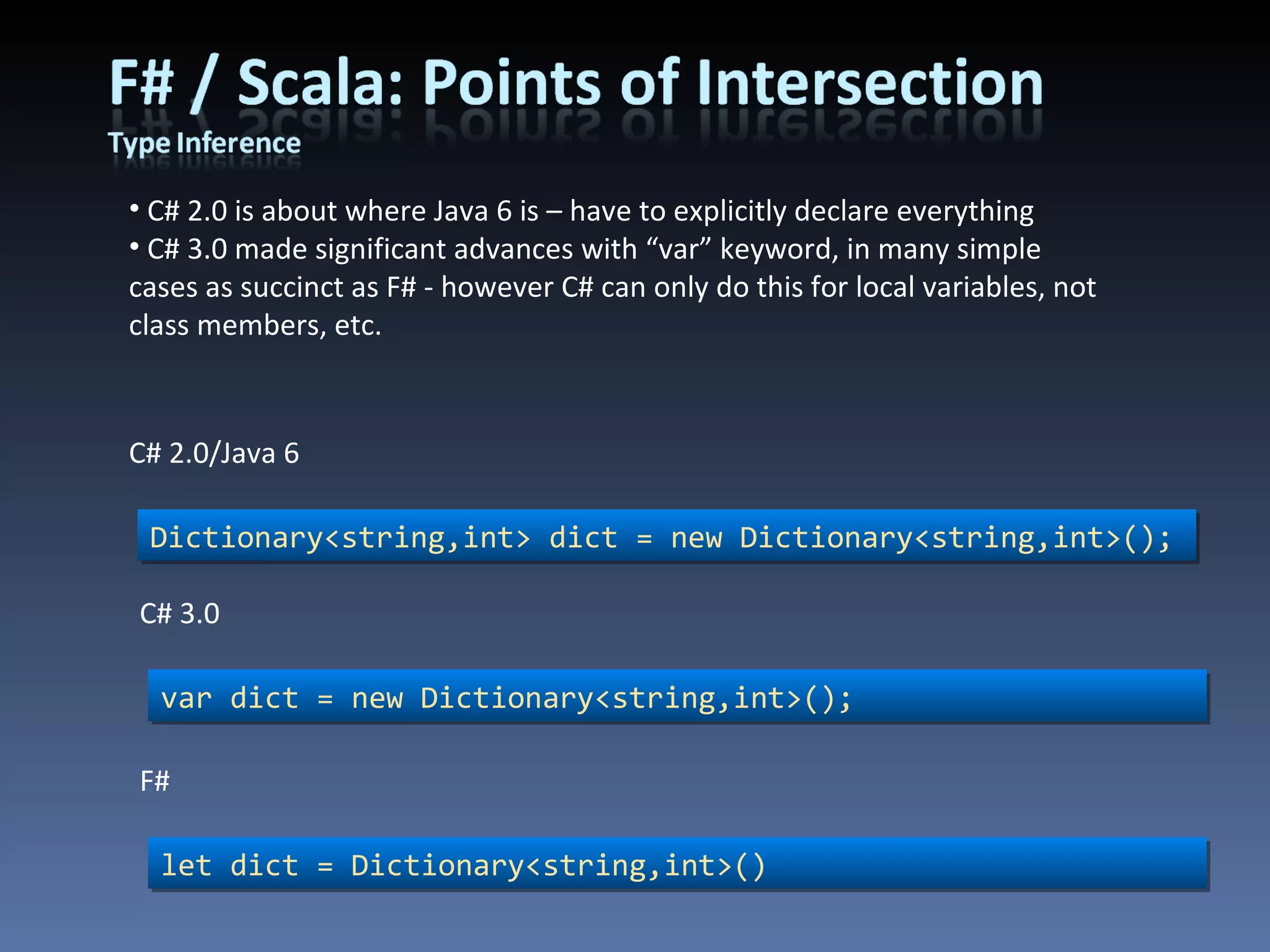 C# 2.0 is about where Java 6 is – have to explicitly declare everything C# 3.0 made significant advances with “var” keyword, in many simple cases as succinct as F# - however C# can only do this for local variables, not class members, etc. Dictionary<string,int> dict = new Dictionary<string,int>(); C# 2.0/Java 6 var dict = new Dictionary<string,int>(); C# 3.0 let dict = Dictionary<string,int>() F# 