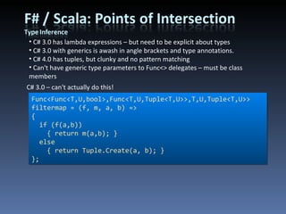 C# 3.0 has lambda expressions – but need to be explicit about types C# 3.0 with generics is awash in angle brackets and type annotations. C# 4.0 has tuples, but clunky and no pattern matching Can't have generic type parameters to Func<> delegates – must be class members Func<Func<T,U,bool>,Func<T,U,Tuple<T,U>>,T,U,Tuple<T,U>> filtermap = (f, m, a, b) => { if (f(a,b)) { return m(a,b); } else { return Tuple.Create(a, b); } }; C# 3.0 – can't actually do this! 