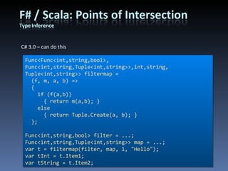 C# 3.0 – can do this Func<Func<int,string,bool>, Func<int,string,Tuple<int,string>>,int,string, Tuple<int,string>> filtermap = (f, m, a, b) => { if (f(a,b)) { return m(a,b); } else { return Tuple.Create(a, b); } }; Func<int,string,bool> filter = ...; Func<int,string,Tuple<int,string>> map = ...; var t = filtermap(filter, map, 1, &quot;Hello&quot;); var tInt = t.Item1; var tString = t.Item2; 