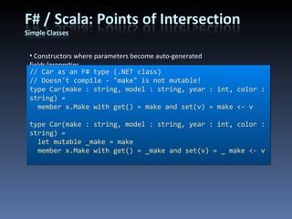 Constructors where parameters become auto-generated fields/properties // Car as an F# type (.NET class) // Doesn't compile - &quot;make&quot; is not mutable! type Car(make : string, model : string, year : int, color : string) = member x.Make with get() = make and set(v) = make <- v type Car(make : string, model : string, year : int, color : string) = let mutable _make = make member x.Make with get() = _make and set(v) = _ make <- v 