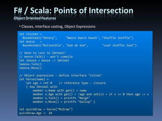 Classes, Interface casting, Object Expressions let chicken =  BaseAnimal(&quot;Henery&quot;,     &quot;Bwock bwock bwock&quot;, &quot;Shuffle shuffle&quot;) let moose   = BaseAnimal(&quot;Bullwinkle&quot;, &quot;Dum de dum&quot;,        &quot;Loaf shuffle loaf&quot;) // Have to cast to IAnimal! // moose.Talk() - won't compile let imoose = moose :> IAnimal imoose.Talk() imoose.Move() // Object expression - define interface &quot;inline&quot; let horse(name) =      let age = ref 0    // reference type - closure     { new IAnimal with          member x.Name with get() = name         member x.Age with get() = !age and set(v) = if v >= 0 then age := v         member x.Talk() = printfn &quot;Neigh&quot;         member x.Move() = printfn &quot;Gallop&quot; } let quickDraw = horse(&quot;McGraw&quot;) quickDraw.Age <- 10 