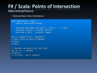 Abstract Base Class Inheritance type Eagle(title, name) =     inherit AbstractBird(name)     override this.Name with get() = title + &quot; &quot; + name     override x.Talk() = printfn &quot;Arrrrr&quot;     override x.Fly()  = printfn &quot;Swoop&quot; let e = Eagle(&quot;Lord&quot;, &quot;Gwaihir&quot;) // Don't have to cast to IAnimal e.Talk() e.Fly() // IAnimal can Move() but not Fly() let ie = e :> IAnimal ie.Move() // ie.Fly() - won't compile 