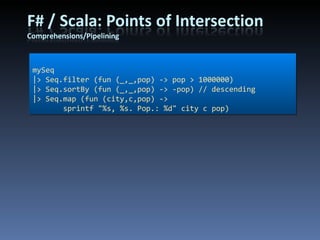 mySeq |> Seq.filter (fun (_,_,pop) -> pop > 1000000) |> Seq.sortBy (fun (_,_,pop) -> -pop) // descending |> Seq.map (fun (city,c,pop) ->  sprintf &quot;%s, %s. Pop.: %d&quot; city c pop) 