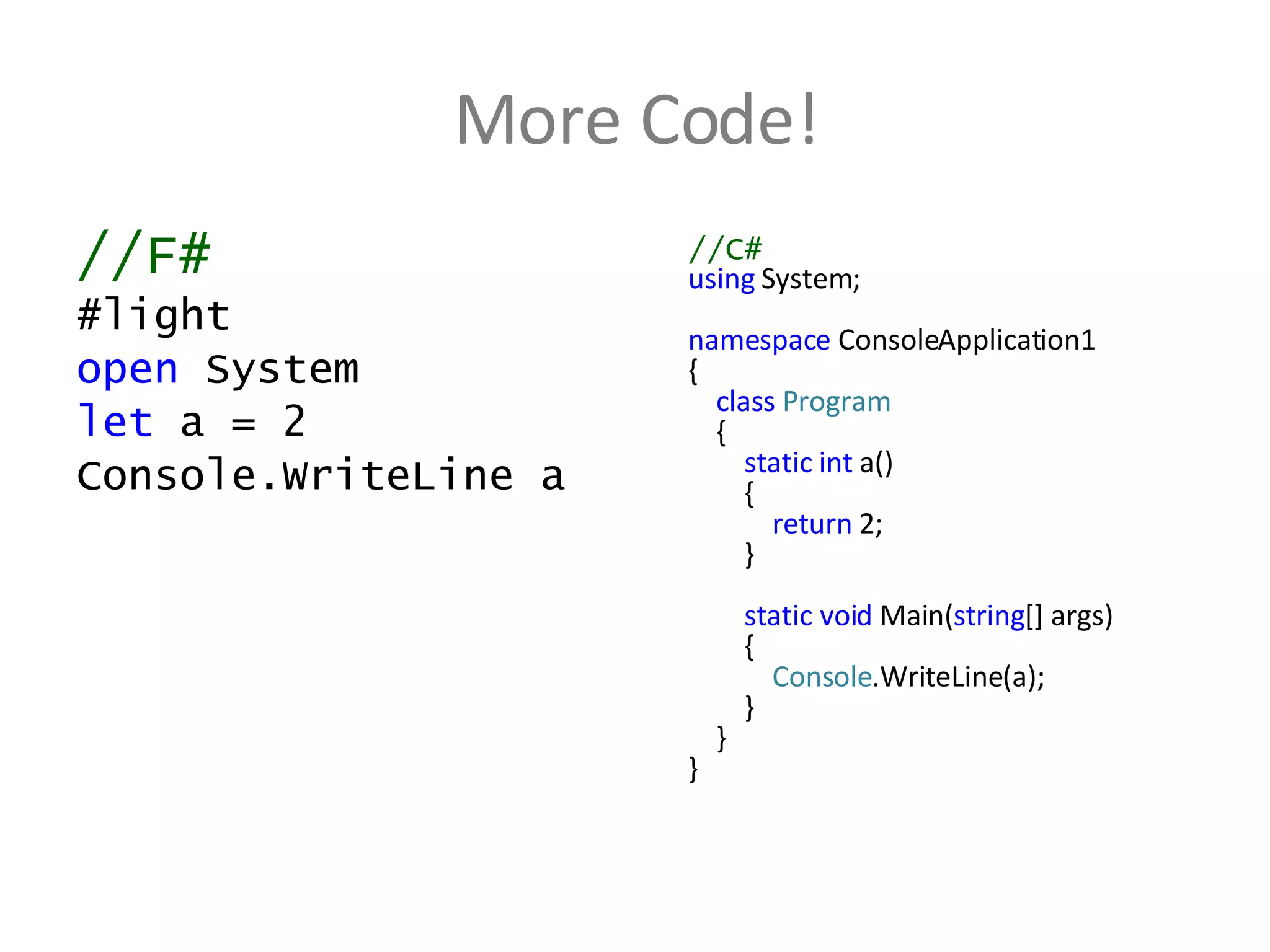 More Code! //F# #light open  System let  a = 2 Console.WriteLine a //C# using  System; namespace  ConsoleApplication1 { class   Program { static   int  a() { return  2; } static void  Main( string [] args) { Console .WriteLine(a);  } } } 