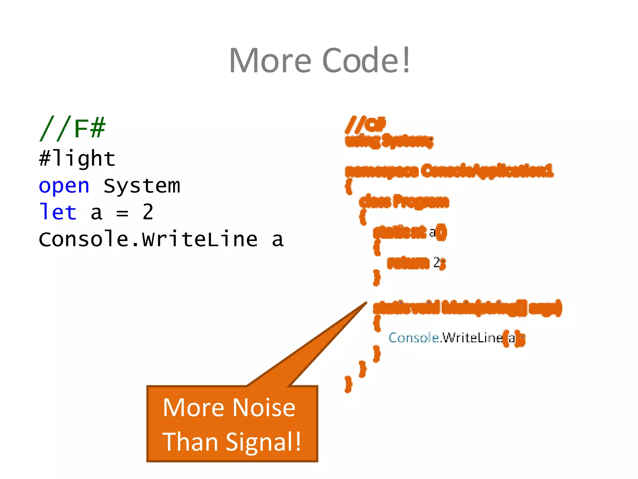 More Code! //F# #light open  System let  a = 2 Console.WriteLine a More Noise  Than Signal! 