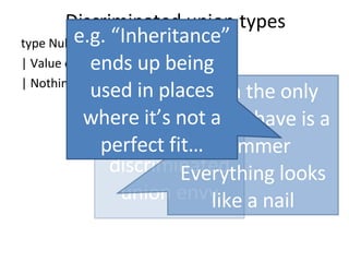 Discriminated union types type NullableInt = | Value of int | Nothing of unit “ O-O” has discriminated union envy When the only tool you have is a hammer Everything looks like a nail e.g. “Inheritance” ends up being used in places where it’s not a perfect fit… 