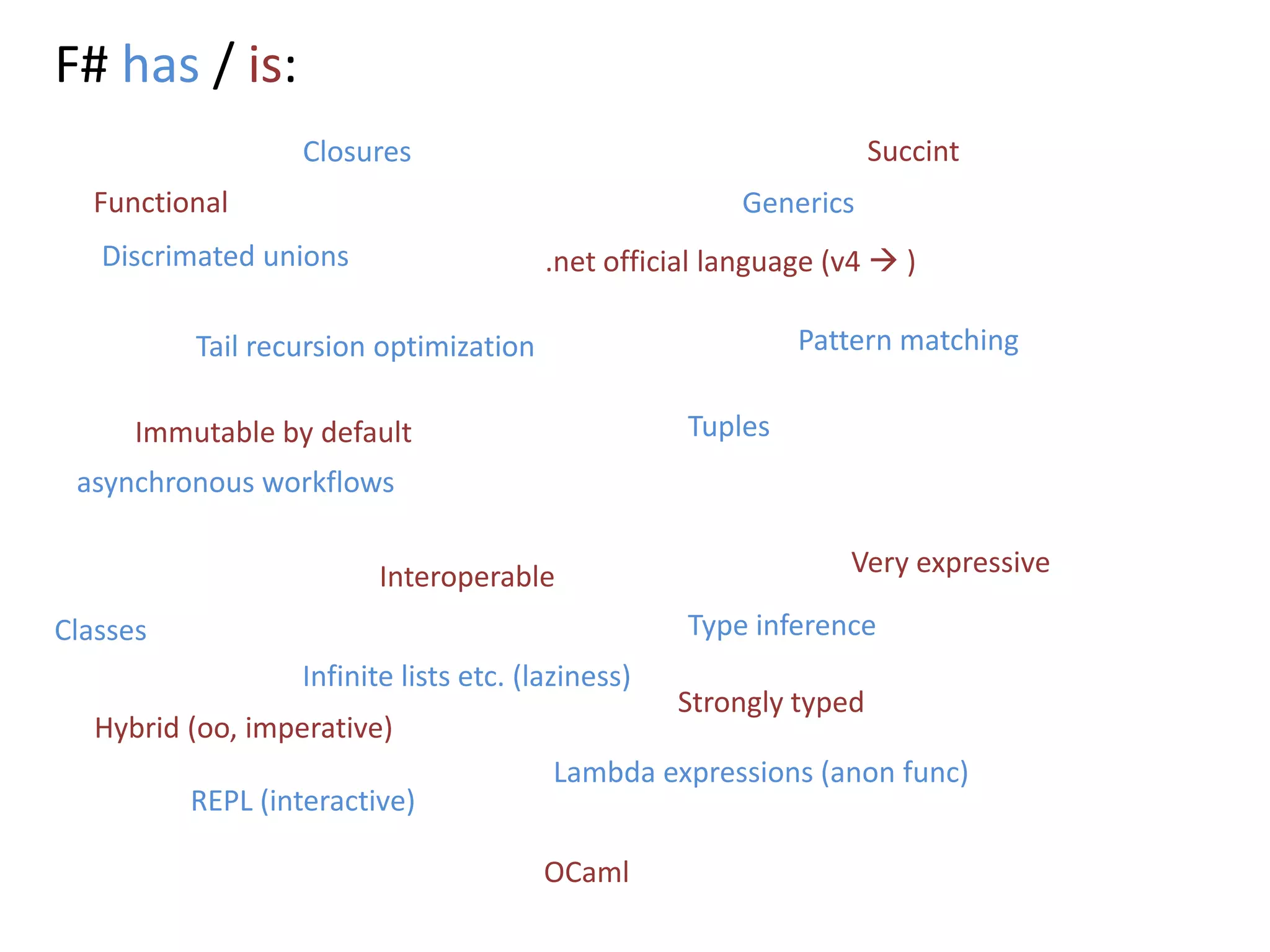 F# has / is:SuccintClosuresFunctionalGenericsDiscrimated unions.net official language (v4  )Pattern matchingTail recursion optimization  TuplesImmutable by defaultasynchronous workflowsVery expressiveInteroperableType inferenceClassesInfinite lists etc. (laziness) Strongly typedHybrid (oo, imperative)Lambda expressions (anon func)REPL (interactive)OCaml