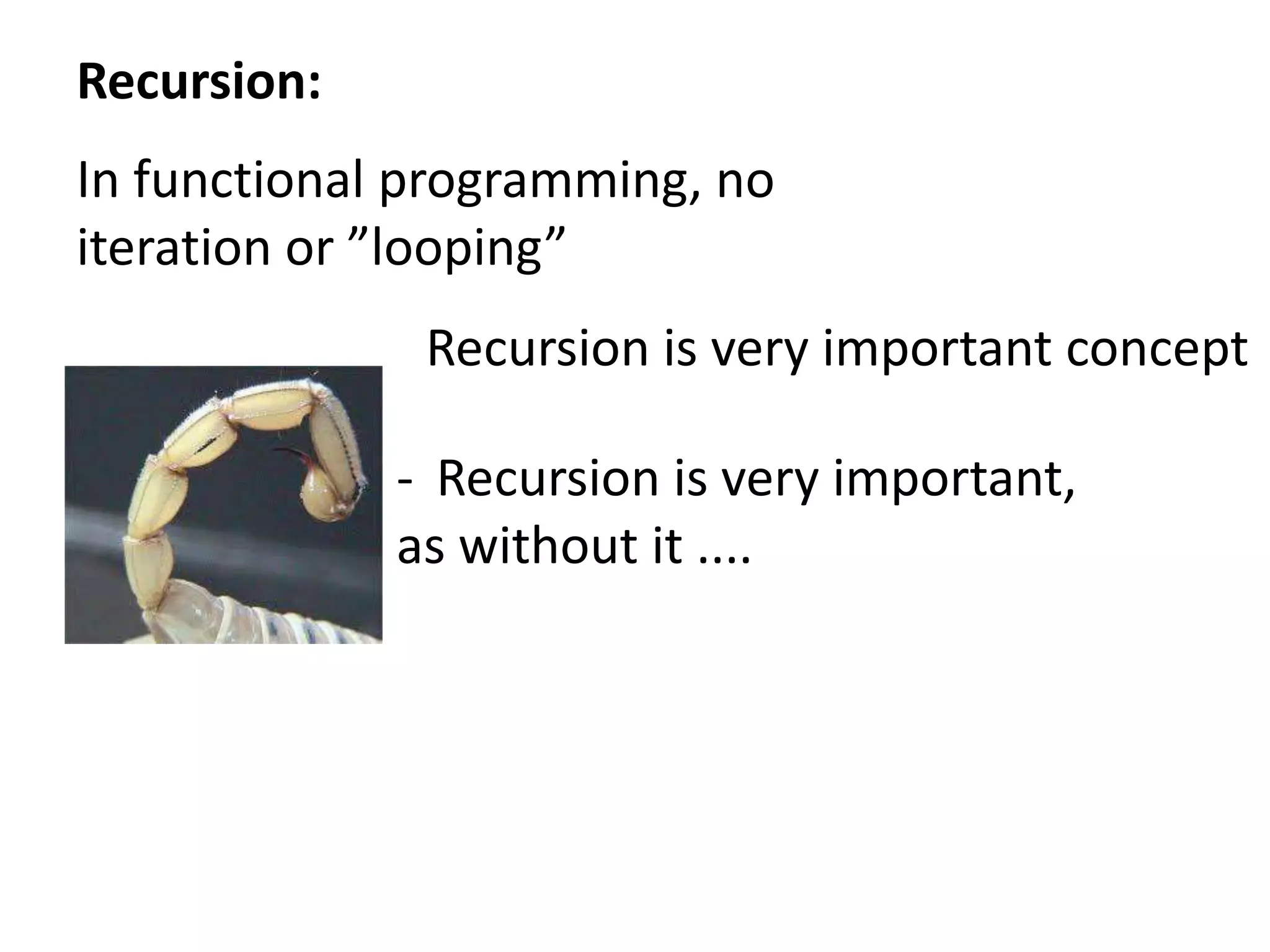 Functions as first class citizens:Functions can be passed as normal parameters CompositionHigher order functionsTakes a function as paramand/orReturns a function as outputFunctions as first class citizens:Functions can be passed as normal parameters CompositionHigher order functionsTakes a function as paramand/orReturns a function as outputTuomas will cover the deeps of the function theory later in the session