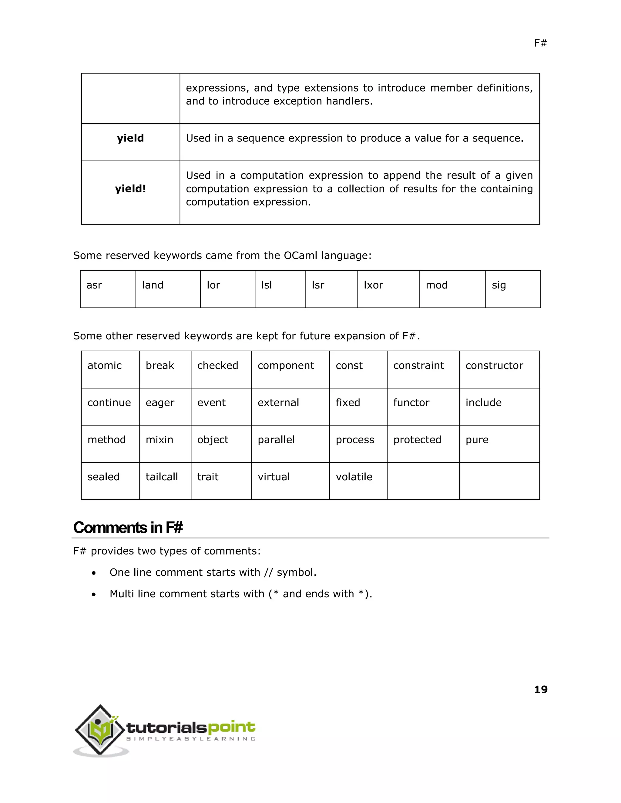 F#
19
expressions, and type extensions to introduce member definitions,
and to introduce exception handlers.
yield Used in a sequence expression to produce a value for a sequence.
yield!
Used in a computation expression to append the result of a given
computation expression to a collection of results for the containing
computation expression.
Some reserved keywords came from the OCaml language:
asr land lor lsl lsr lxor mod sig
Some other reserved keywords are kept for future expansion of F#.
atomic break checked component const constraint constructor
continue eager event external fixed functor include
method mixin object parallel process protected pure
sealed tailcall trait virtual volatile
CommentsinF#
F# provides two types of comments:
 One line comment starts with // symbol.
 Multi line comment starts with (* and ends with *).
 
