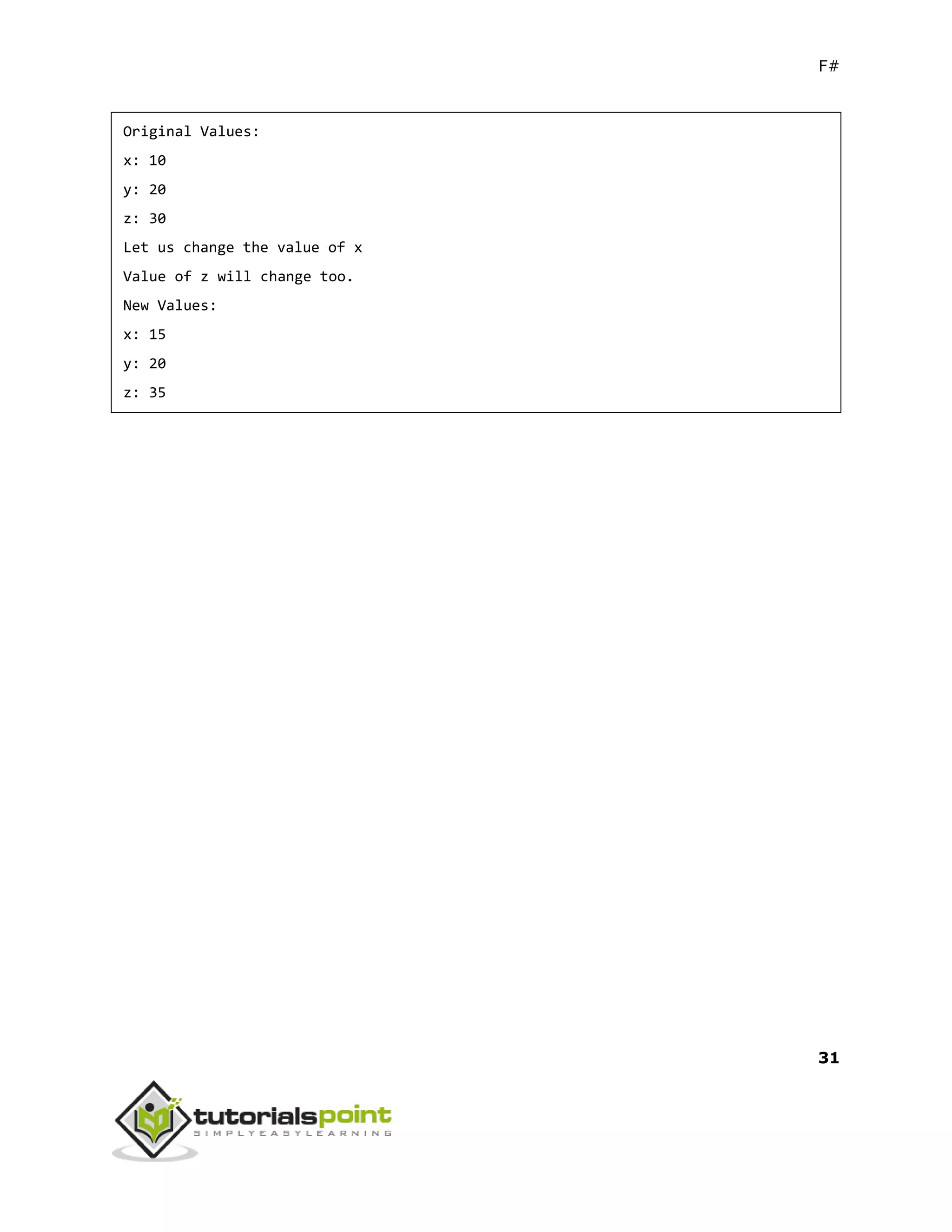 F#
31
Original Values:
x: 10
y: 20
z: 30
Let us change the value of x
Value of z will change too.
New Values:
x: 15
y: 20
z: 35
 