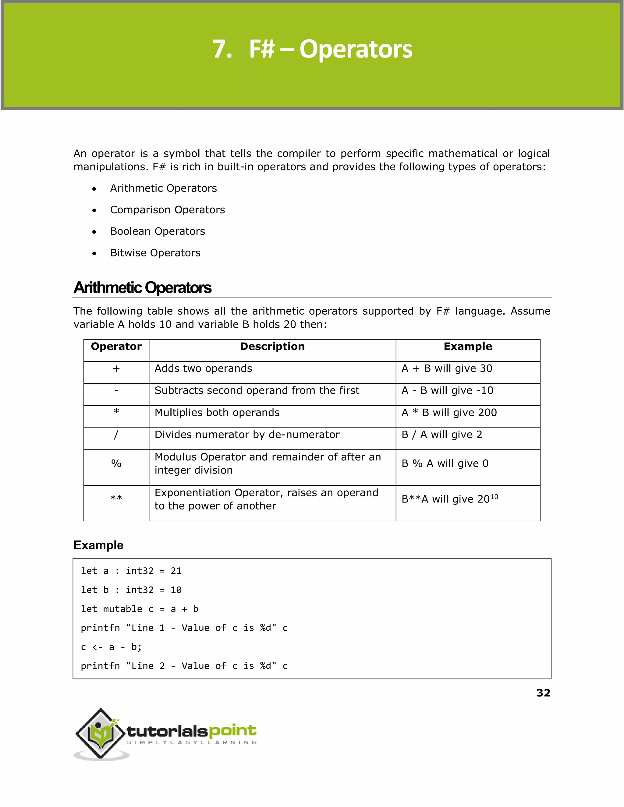 F#
32
An operator is a symbol that tells the compiler to perform specific mathematical or logical
manipulations. F# is rich in built-in operators and provides the following types of operators:
 Arithmetic Operators
 Comparison Operators
 Boolean Operators
 Bitwise Operators
ArithmeticOperators
The following table shows all the arithmetic operators supported by F# language. Assume
variable A holds 10 and variable B holds 20 then:
Operator Description Example
+ Adds two operands A + B will give 30
- Subtracts second operand from the first A - B will give -10
* Multiplies both operands A * B will give 200
/ Divides numerator by de-numerator B / A will give 2
%
Modulus Operator and remainder of after an
integer division
B % A will give 0
**
Exponentiation Operator, raises an operand
to the power of another
B**A will give 2010
Example
let a : int32 = 21
let b : int32 = 10
let mutable c = a + b
printfn "Line 1 - Value of c is %d" c
c <- a - b;
printfn "Line 2 - Value of c is %d" c
7. F# – Operators
 