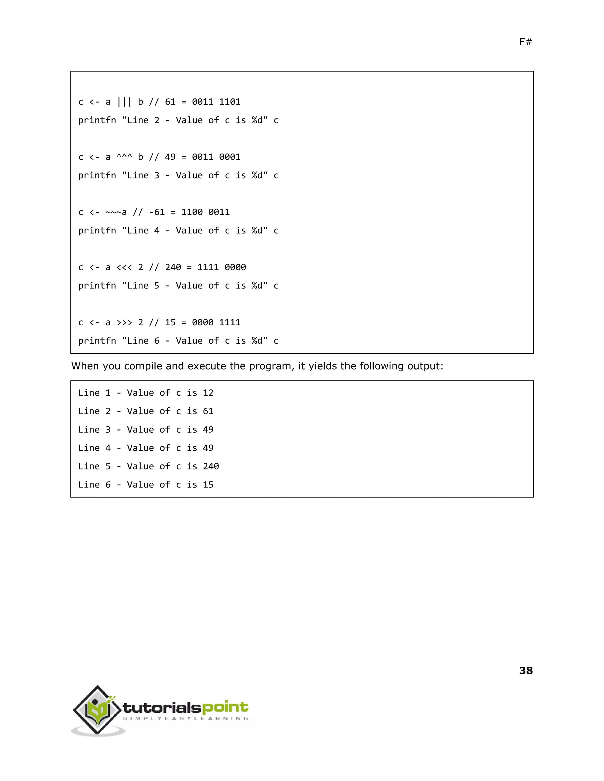 F#
38
c <- a ||| b // 61 = 0011 1101
printfn "Line 2 - Value of c is %d" c
c <- a ^^^ b // 49 = 0011 0001
printfn "Line 3 - Value of c is %d" c
c <- ~~~a // -61 = 1100 0011
printfn "Line 4 - Value of c is %d" c
c <- a <<< 2 // 240 = 1111 0000
printfn "Line 5 - Value of c is %d" c
c <- a >>> 2 // 15 = 0000 1111
printfn "Line 6 - Value of c is %d" c
When you compile and execute the program, it yields the following output:
Line 1 - Value of c is 12
Line 2 - Value of c is 61
Line 3 - Value of c is 49
Line 4 - Value of c is 49
Line 5 - Value of c is 240
Line 6 - Value of c is 15
 