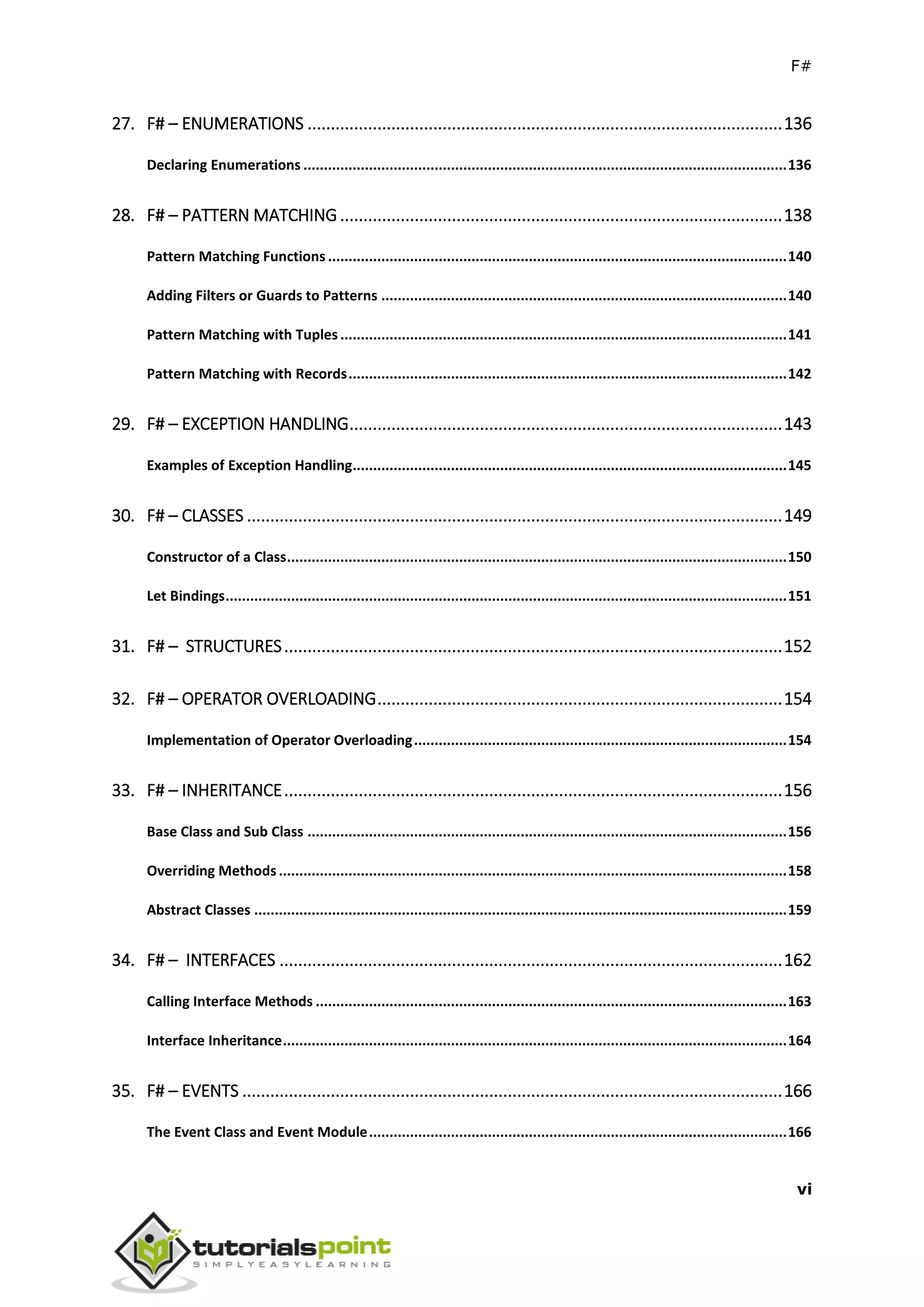 F#
vi
27. F# – ENUMERATIONS ......................................................................................................136
Declaring Enumerations ......................................................................................................................136
28. F# – PATTERN MATCHING ...............................................................................................138
Pattern Matching Functions ................................................................................................................140
Adding Filters or Guards to Patterns ...................................................................................................140
Pattern Matching with Tuples.............................................................................................................141
Pattern Matching with Records...........................................................................................................142
29. F# – EXCEPTION HANDLING.............................................................................................143
Examples of Exception Handling..........................................................................................................145
30. F# – CLASSES ...................................................................................................................149
Constructor of a Class..........................................................................................................................150
Let Bindings.........................................................................................................................................151
31. F# – STRUCTURES...........................................................................................................152
32. F# – OPERATOR OVERLOADING.......................................................................................154
Implementation of Operator Overloading...........................................................................................154
33. F# – INHERITANCE...........................................................................................................156
Base Class and Sub Class .....................................................................................................................156
Overriding Methods............................................................................................................................158
Abstract Classes ..................................................................................................................................159
34. F# – INTERFACES ............................................................................................................162
Calling Interface Methods ...................................................................................................................163
Interface Inheritance...........................................................................................................................164
35. F# – EVENTS ....................................................................................................................166
The Event Class and Event Module......................................................................................................166
 