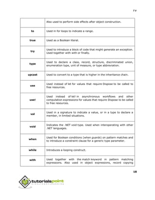 F#
18
Also used to perform side effects after object construction.
to Used in for loops to indicate a range.
true Used as a Boolean literal.
try
Used to introduce a block of code that might generate an exception.
Used together with with or finally.
type
Used to declare a class, record, structure, discriminated union,
enumeration type, unit of measure, or type abbreviation.
upcast Used to convert to a type that is higher in the inheritance chain.
use
Used instead of let for values that require Dispose to be called to
free resources.
use!
Used instead of let! in asynchronous workflows and other
computation expressions for values that require Dispose to be called
to free resources.
val
Used in a signature to indicate a value, or in a type to declare a
member, in limited situations.
void
Indicates the .NET void type. Used when interoperating with other
.NET languages.
when
Used for Boolean conditions (when guards) on pattern matches and
to introduce a constraint clause for a generic type parameter.
while Introduces a looping construct.
with Used together with the match keyword in pattern matching
expressions. Also used in object expressions, record copying
 