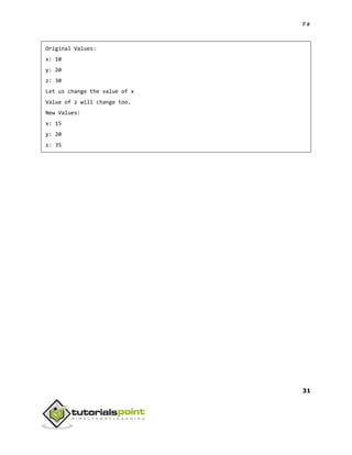 F#
31
Original Values:
x: 10
y: 20
z: 30
Let us change the value of x
Value of z will change too.
New Values:
x: 15
y: 20
z: 35
 
