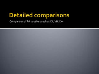 Comparison of F# to others such as C#, VB, C++
 