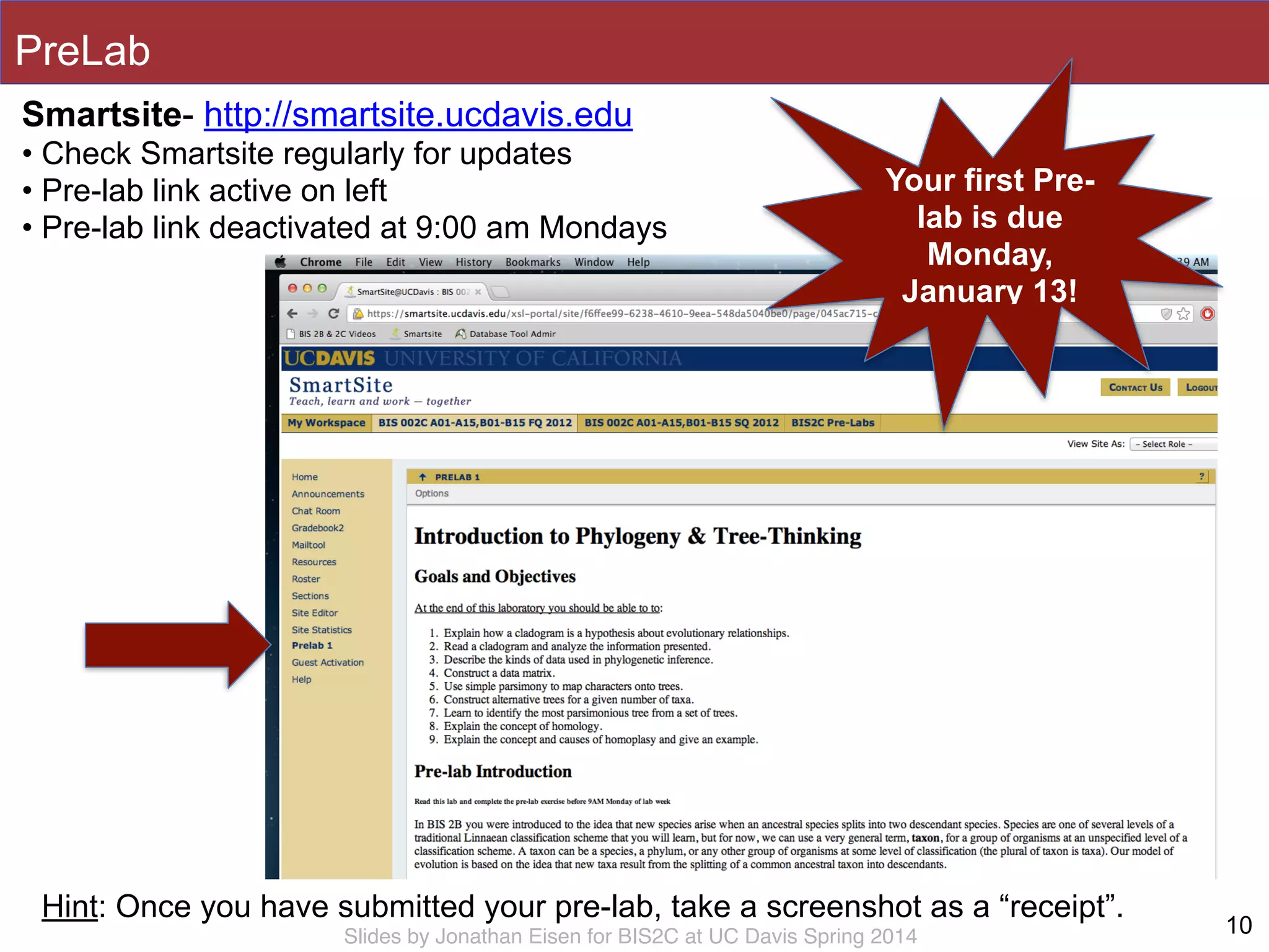Slides by Jonathan Eisen for BIS2C at UC Davis Spring 2014
PreLab
10
Smartsite- http://smartsite.ucdavis.edu
• Check Smartsite regularly for updates
• Pre-lab link active on left
• Pre-lab link deactivated at 9:00 am Mondays
Hint: Once you have submitted your pre-lab, take a screenshot as a “receipt”.
Your first Pre-
lab is due
Monday,
January 13!
 