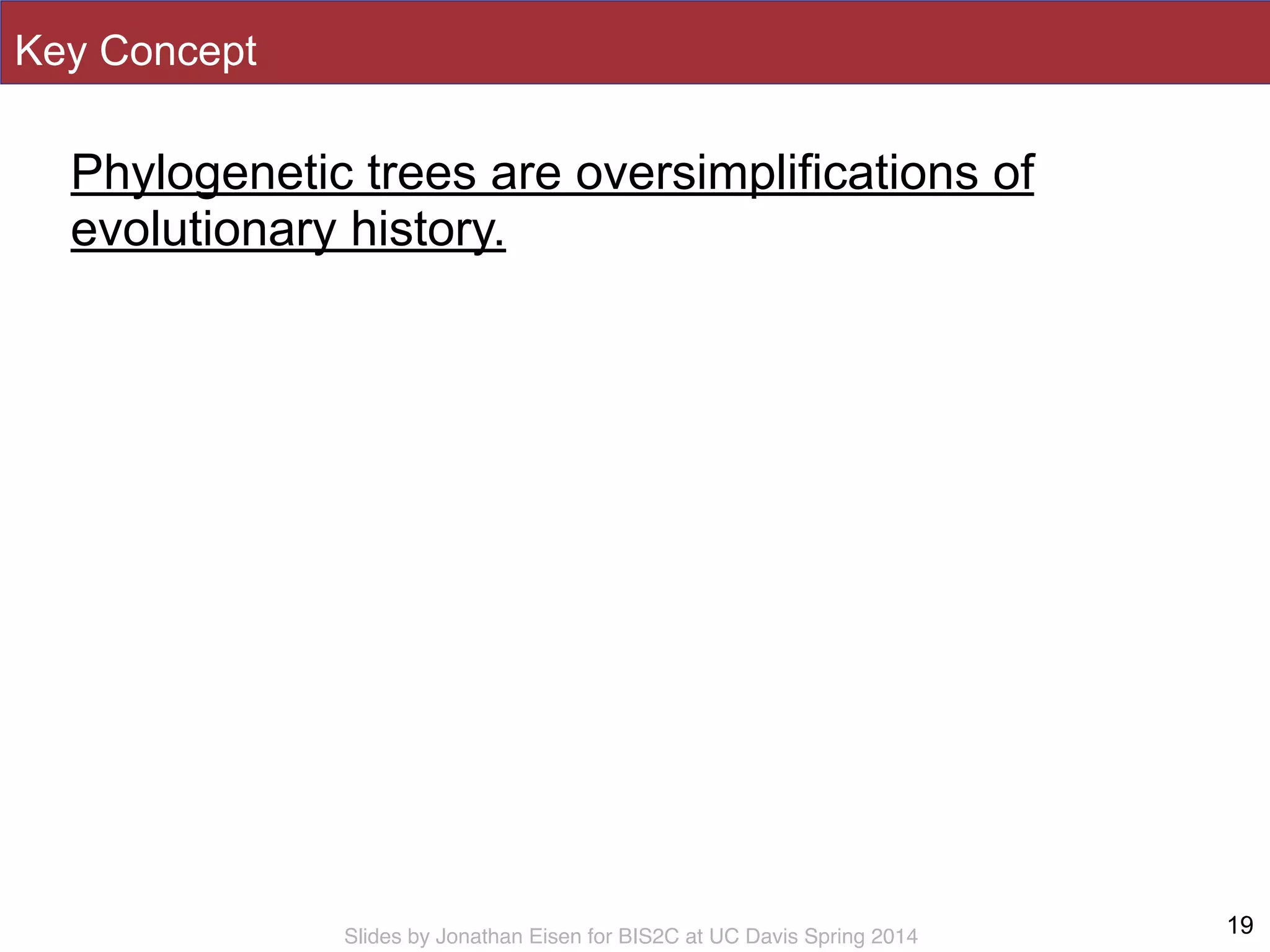 Slides by Jonathan Eisen for BIS2C at UC Davis Spring 2014
Key Concept
Phylogenetic trees are oversimplifications of
evolutionary history.
19
 
