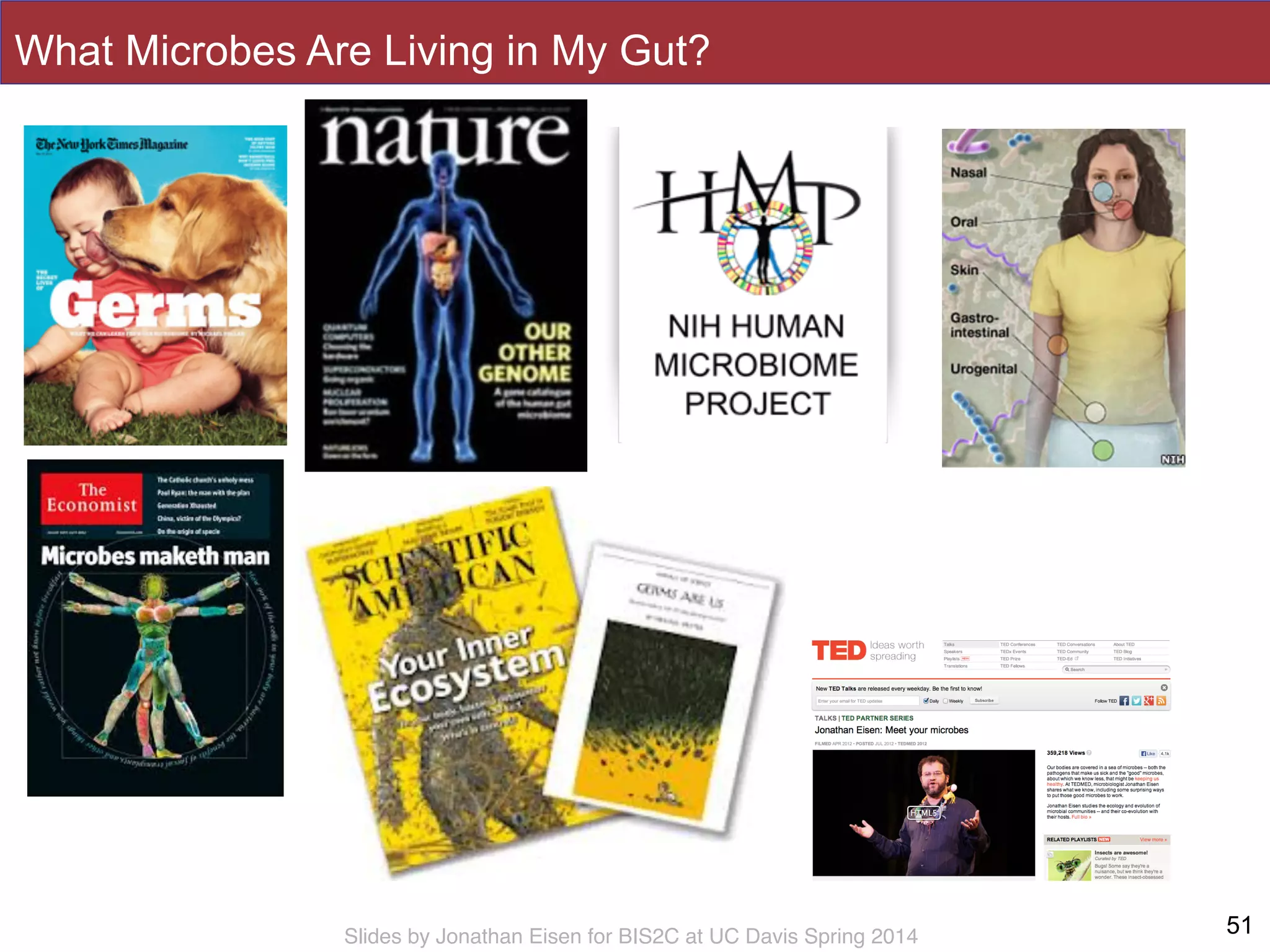 Slides by Jonathan Eisen for BIS2C at UC Davis Spring 2014
What Microbes Are Living in My Gut?
51
 