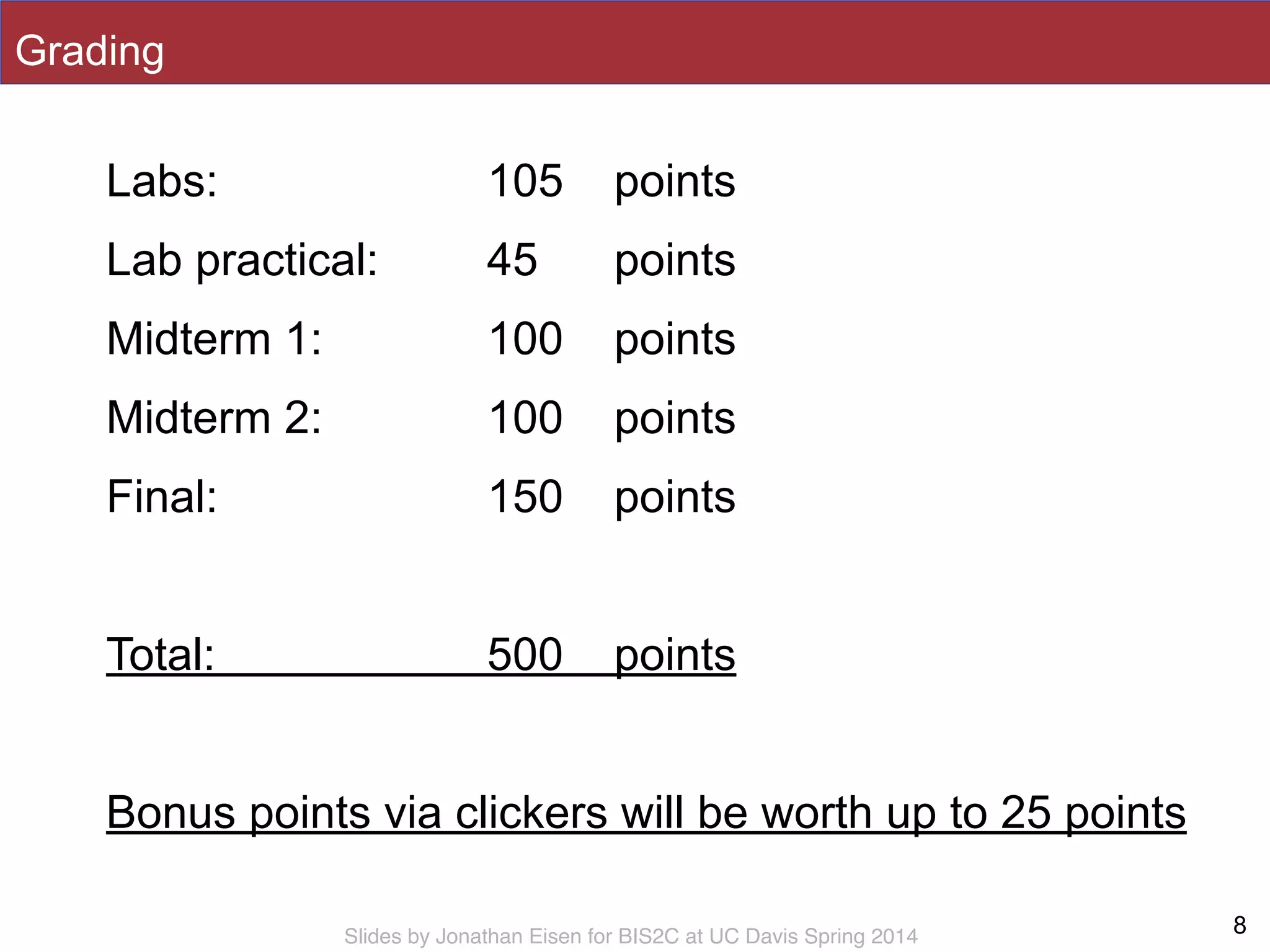 Slides by Jonathan Eisen for BIS2C at UC Davis Spring 2014
Grading
Labs: 105 points
Lab practical: 45 points
Midterm 1: 100 points
Midterm 2: 100 points
Final: 150 points
!
Total: 500 points
!
Bonus points via clickers will be worth up to 25 points
8
 