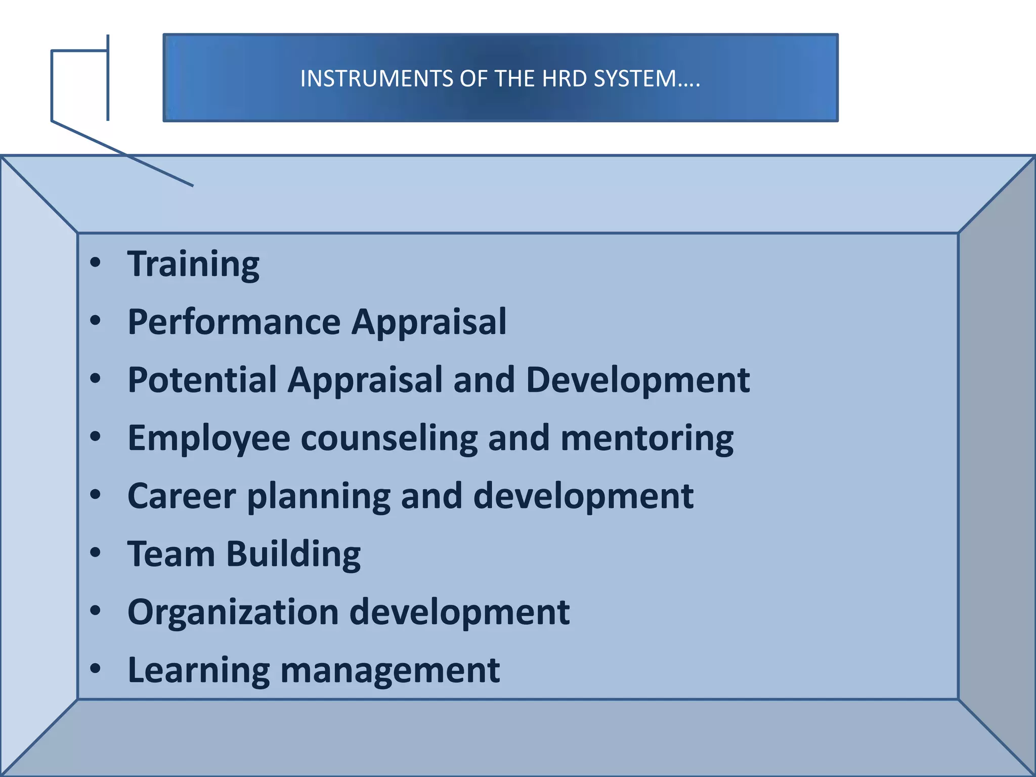 INSTRUMENTS OF THE HRD SYSTEM….TrainingPerformance AppraisalPotential Appraisal and DevelopmentEmployee counseling and mentoringCareer planning and developmentTeam BuildingOrganization developmentLearning management