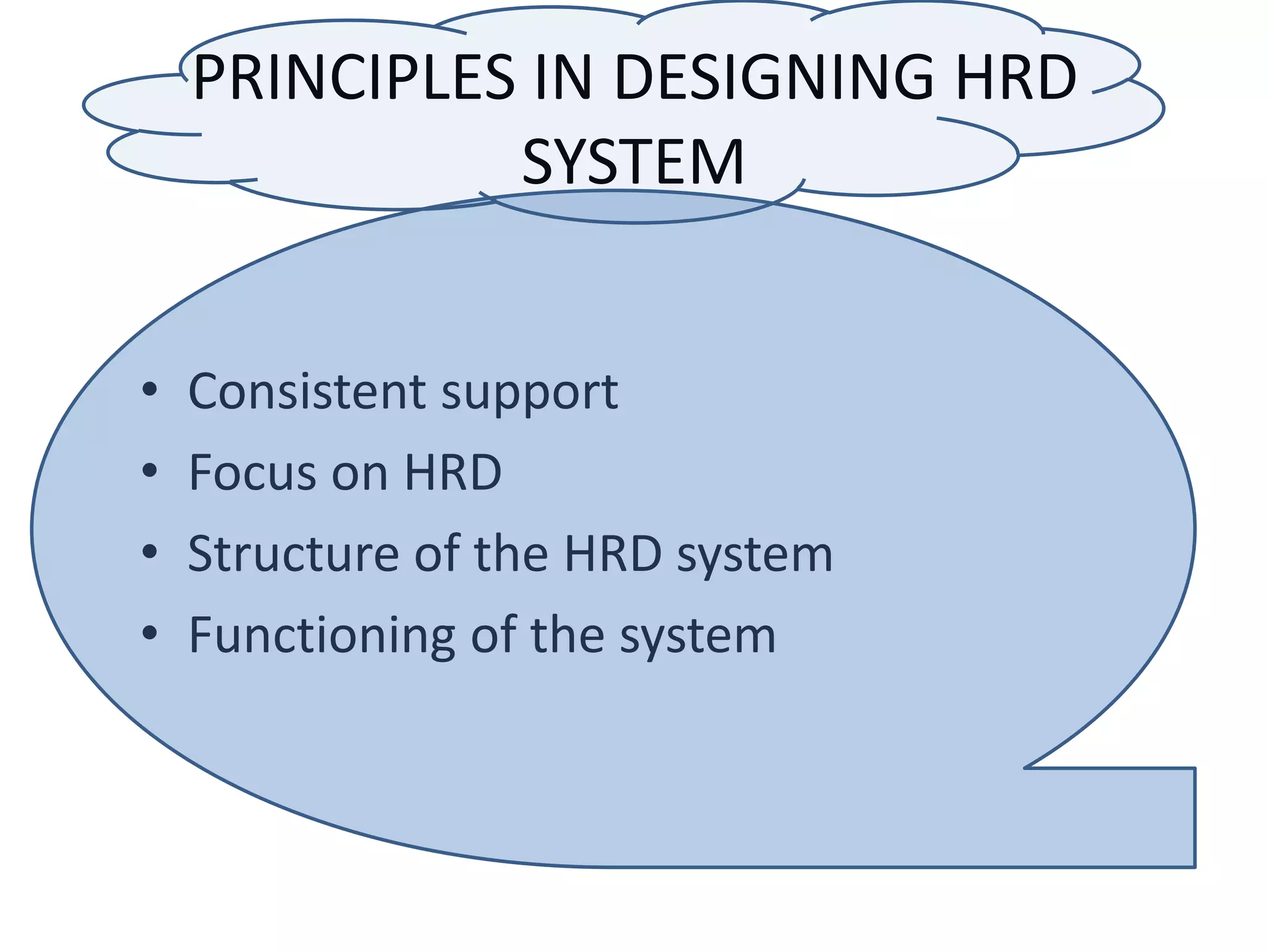 PRINCIPLES IN DESIGNING HRD SYSTEMConsistent supportFocus on HRDStructure of the HRD systemFunctioning of the system