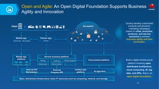 16
Core product platform
Open, distributed infrastructure: basic IT resources such as computing, network, and storage
Internal API
Marketplace
External
Program API
Unified data
platform AI algorithm
Mobile app
platform
Product 1 Product 2 Product n
……
Parking Healthcare Public transport
Scenic spot …
Service scenario platform
Movie tickets
User
Branch area Mini-program
Mobile app Partner app
Partners
Ecosystem
Quickly develop customized
products and precision
marketing campaigns
based on cities, branches,
products, and service
scenarios to achieve
business agility and lean
innovation.
Build a digital infrastructure
platform involving open
distributed architecture,
cloud computing, AI, big
data, and APIs, that is, an
open digital foundation.
Open and Agile: An Open Digital Foundation Supports Business
Agility and Innovation
 