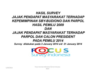 HASIL SURVEY
JAJAK PENDAPAT MASYARAKAT TERHADAP
KEPEMIMPINAN SBY-BUDIONO DAN PARPOL
HASIL PEMILU 2009
DAN
JAJAK PENDAPAT MASYARAKAT TERHADAP
PARPOL DAN CALON PRESIDENT
PADA PEMILU 2014
Survey dilakukan pada 3 January 2014 s/d 21 January 2014

1/29/2014

Focus Survey Indonesia /Survei January
2014

 