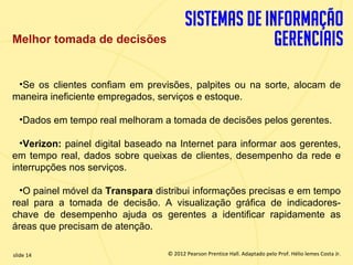 Melhor tomada de decisões


   •Se os clientes confiam em previsões, palpites ou na sorte, alocam de
  maneira ineficiente empregados, serviços e estoque.

       •Dados em tempo real melhoram a tomada de decisões pelos gerentes.

    •Verizon: painel digital baseado na Internet para informar aos gerentes,
  em tempo real, dados sobre queixas de clientes, desempenho da rede e
  interrupções nos serviços.

    •O painel móvel da Transpara distribui informações precisas e em tempo
  real para a tomada de decisão. A visualização gráfica de indicadores-
  chave de desempenho ajuda os gerentes a identificar rapidamente as
  áreas que precisam de atenção.

  slide 14                                © 2012 Pearson Prentice Hall. Adaptado pelo Prof. Hélio lemes Costa Jr.
1.14                         Copyright © 2011 Pearson Education, Inc. publishing as Prentice
 